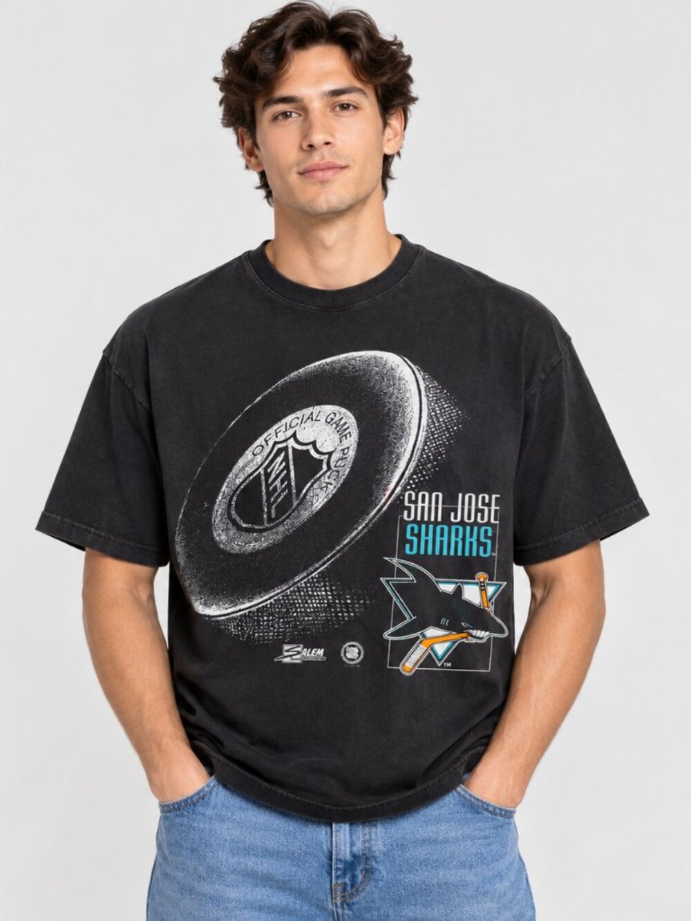 Vintage San Jose Sharks NHL Graphic T-Shirt Salem Sportswear Men’s M Black Hocke
